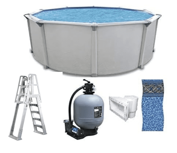 Above-ground PREMIUM POOL-Colombia 54"- 8" Resin Top Rail-SALT FRIENDLY with accessories including a ladder, filtration system, repair patch, and liner sample.